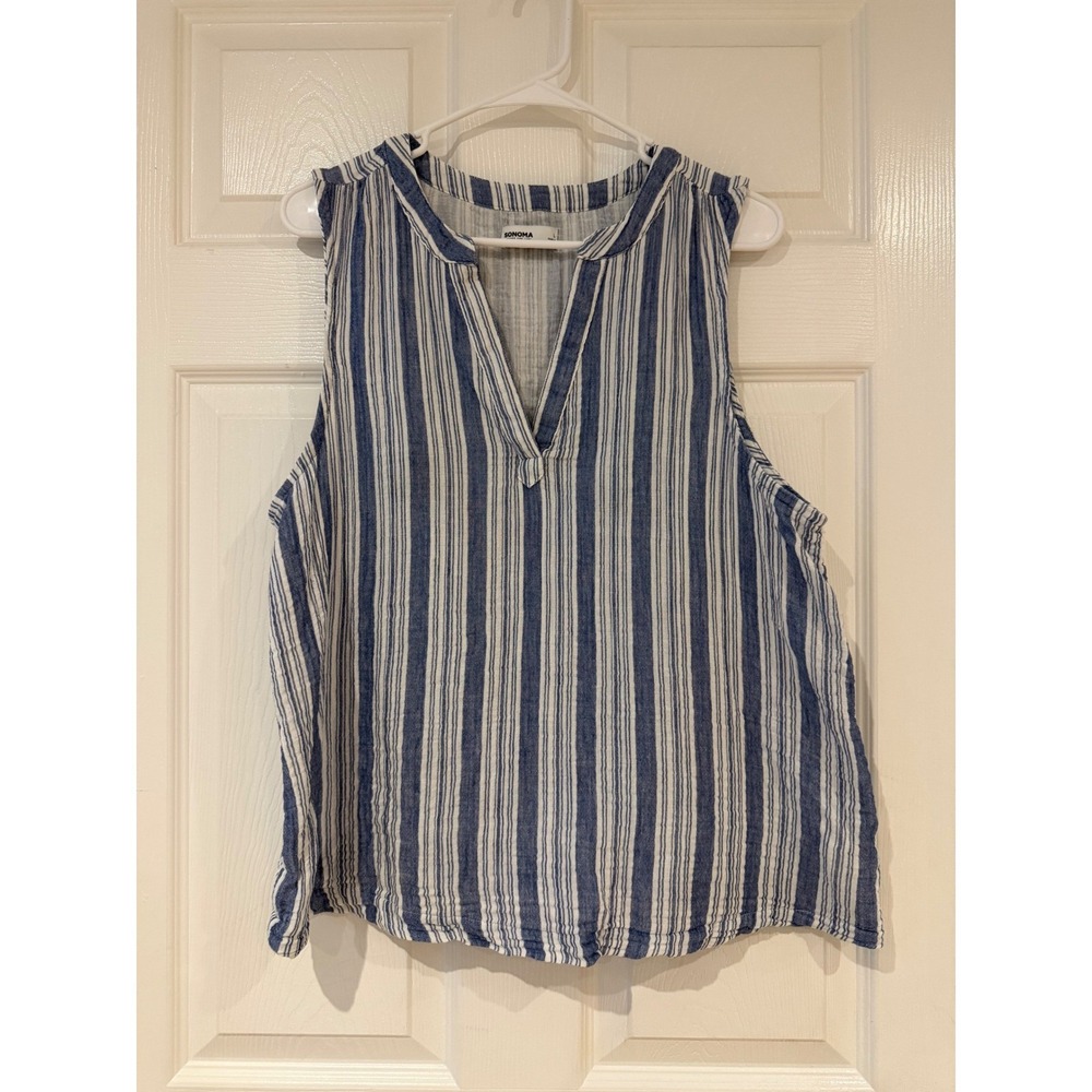 Sonoma Womens Blue White Striped Cotton Gauze Tank Top Large Coastal Cottagecore